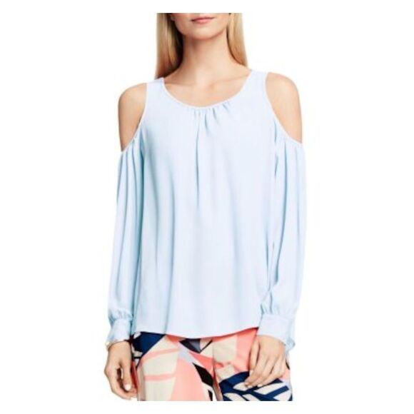 VINCE CAMUTO Womens Light Blue Back Button Closure Cuffed Sleeve Peasant Top M